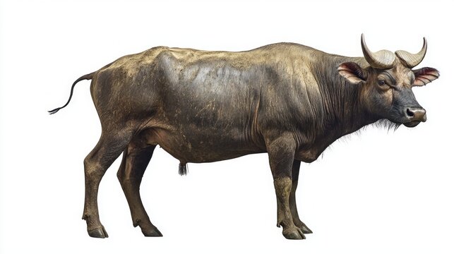 tamaraw, a rare and endangered species, stands with proud poise, showcasing its striking small horns and robust dark coat, isolated against a clean, white backdrop.