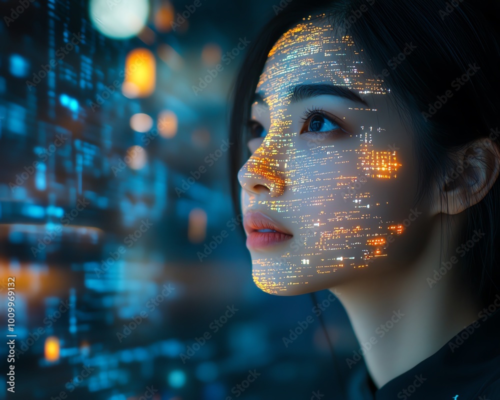 Aufkleber Asian Female Software Developer at Work Computer Screen with Code Projected on Face, Innovating eCommerce App Using AI and Big Data