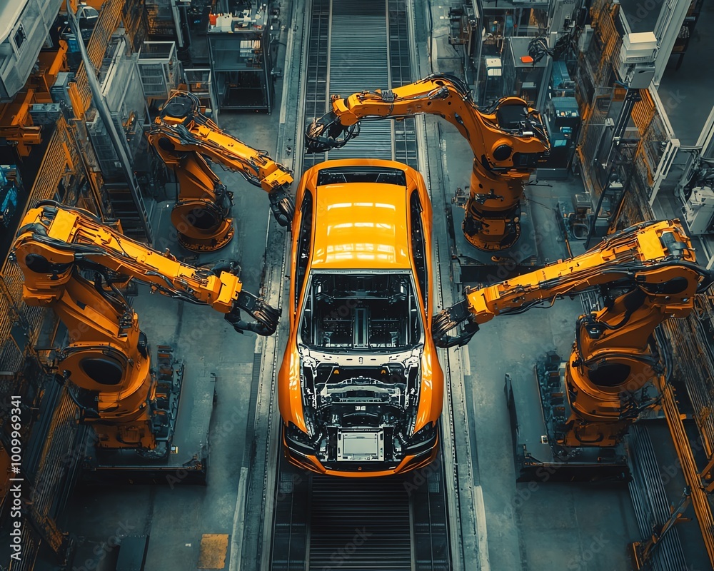 Poster autonomous factory aerial view robotic arms assembling car frames with ai precision, electric vehicl