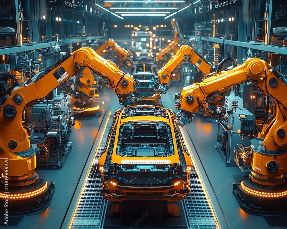 Poster autonomous factory aerial view robotic arms assembling car frames with ai precision, electric vehicl