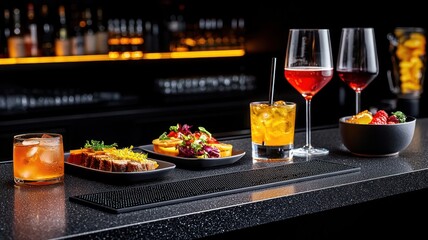 Elegant High-End Bar with Stylish Food Displays and Craft Cocktails on Contemporary Countertop, Perfect for Wine Tasting Events.