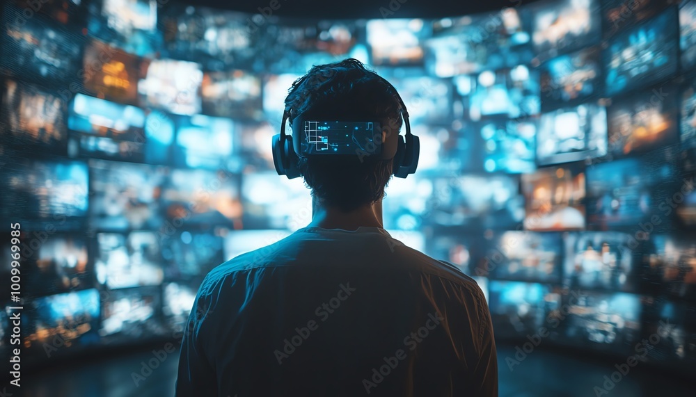 Aufkleber Businessman in VR Interface Exploring Content Websites, Watching Streaming Services, Using Social Media, eCommerce in Cyberspace