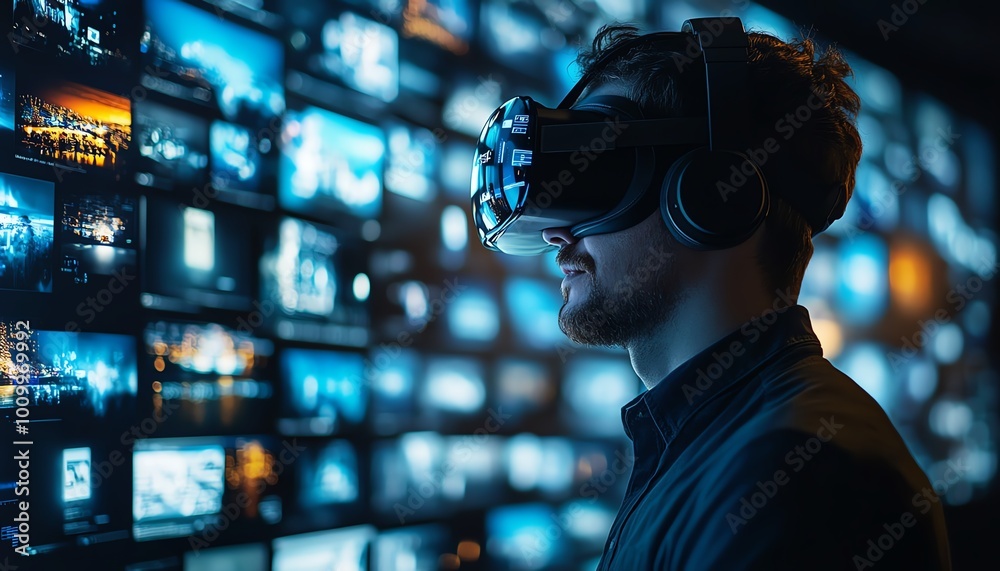 Aufkleber businessman in vr interface exploring content websites, watching streaming services, using social me