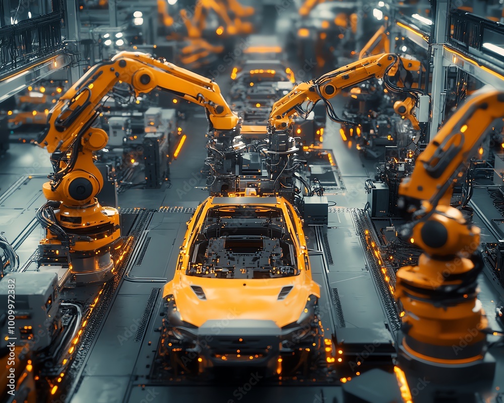 Poster dynamic aerial flyover through autonomous factory robotic arms assembling car frames, ai precision p