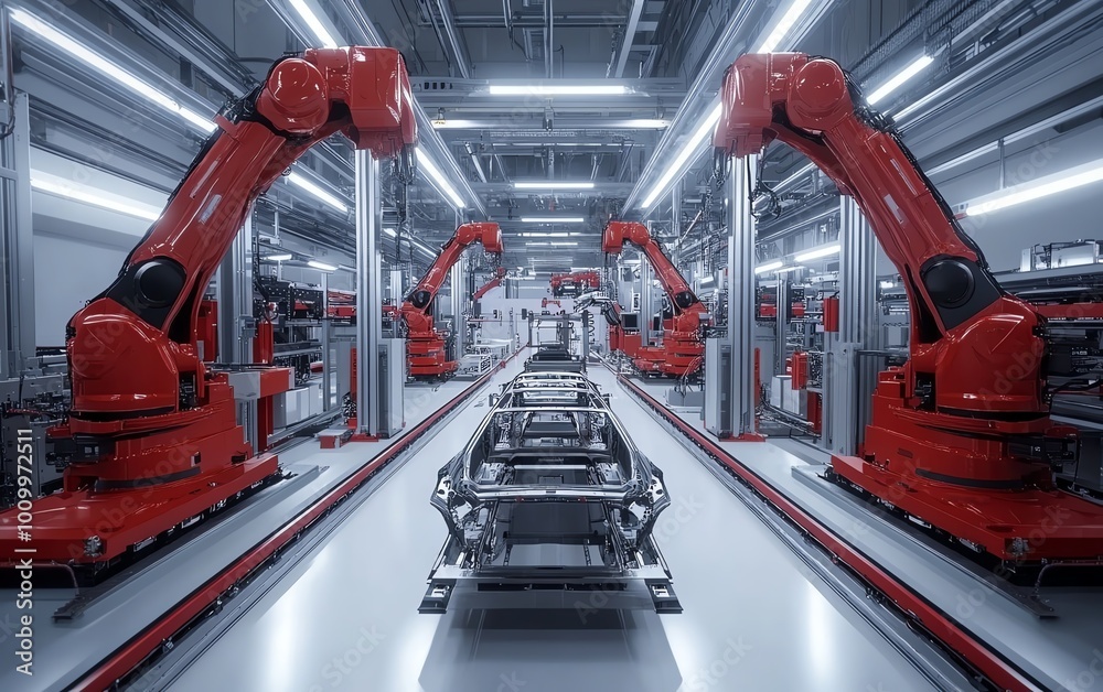 Poster Dynamic Aerial Perspective Autonomous Factory with Robotic Arms Autonomously Assembling Car Frames, AI Precision in Electric Vehicle Production