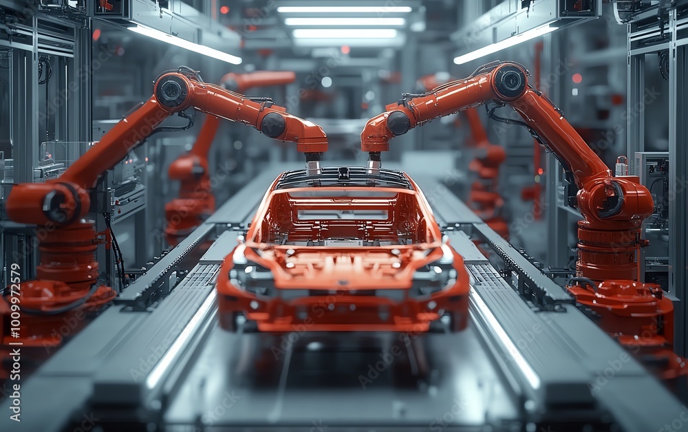 Poster Dynamic Aerial Perspective Autonomous Factory with Robotic Arms Autonomously Assembling Car Frames, AI Precision in Electric Vehicle Production