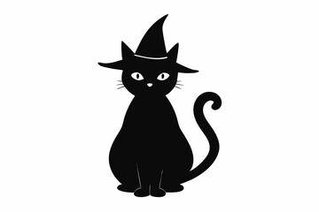 Black silhouette of a cat in witch hat with a Halloween theme. Vector illustration