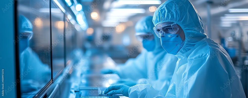 Poster electronics factory semiconductor production two technicians in sterile suits handling silicon wafer