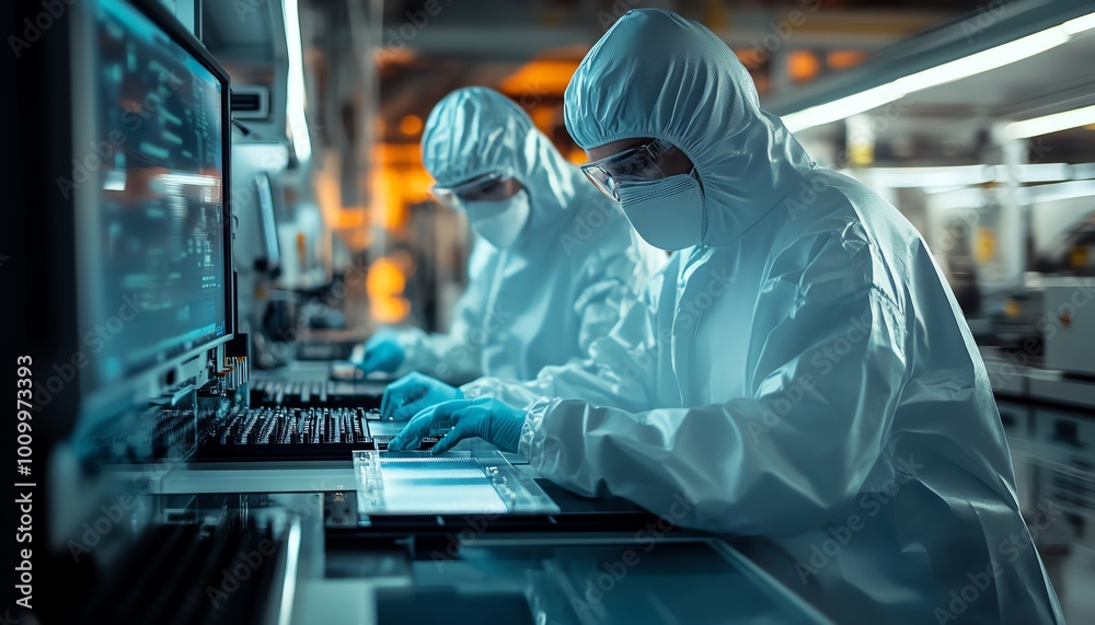 Aufkleber electronics factory semiconductor process two sterilesuited technicians taking out silicon wafer, ad