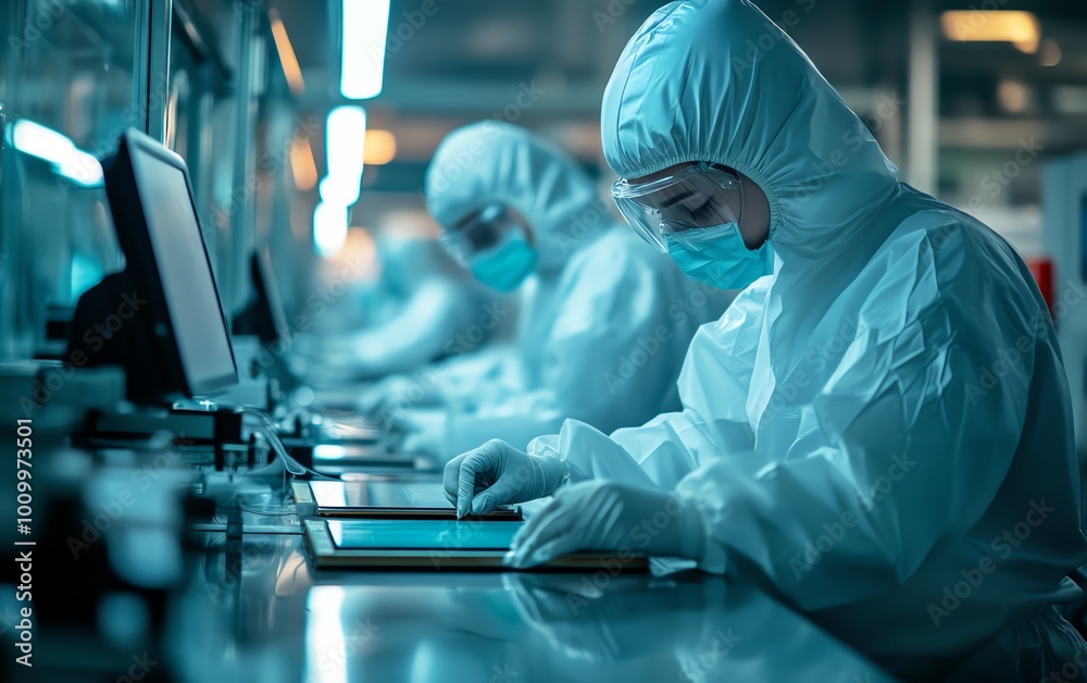 Poster electronics factory two technicians in sterile suits removing silicon wafer, semiconductor productio