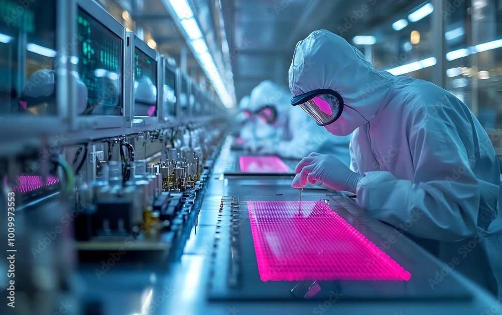 Aufkleber electronics factory two technicians in sterile suits removing silicon wafer, semiconductor productio