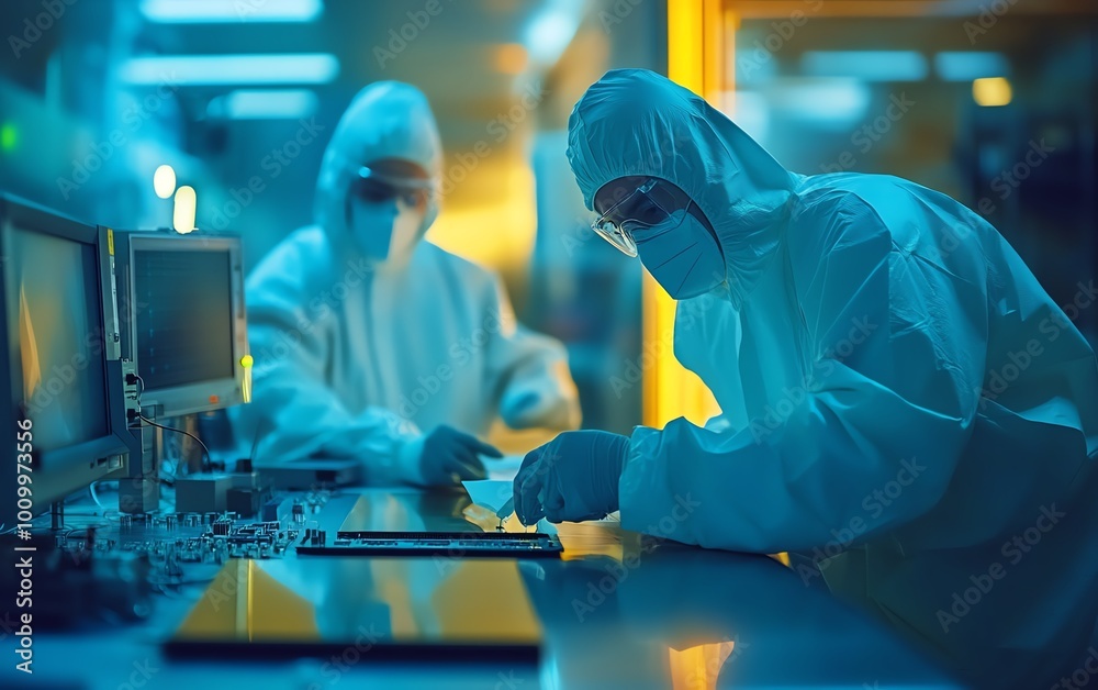 Poster electronics factory two technicians in sterile suits removing silicon wafer, semiconductor productio