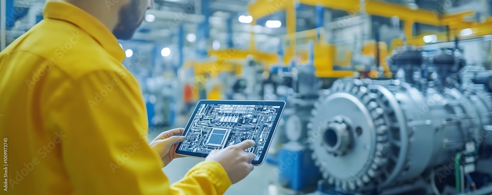Poster Engineers in Electronics Factory Using Tablet to View 3D Model of Clean Green Energy Engine, Factory Digitalization Process