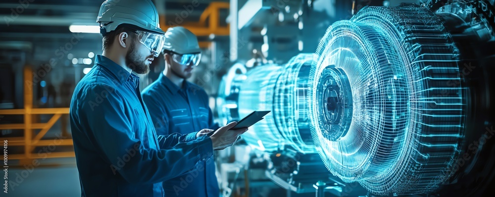 Poster Factory Digitalization Scene Two Industrial Engineers with Tablet Visualizing 3D Model of Green Energy Engine, Advanced Electronics Facility