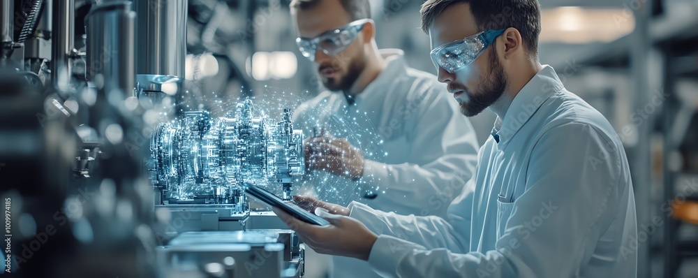 Poster Factory Digitalization Two Industrial Engineers Using Tablet to Visualize 3D Model of Clean Green Energy Engine in HighTech Electronics Facility