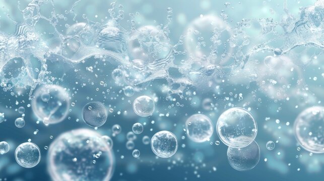 This image features bubbles floating in clear blue water, with light reflections creating an ethereal and calming effect, emphasizing the purity and fluidity of water.