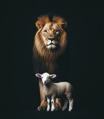 Lion and lamb standing together against a dark background