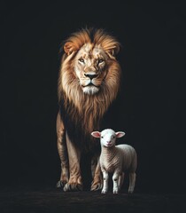 A lion and a lamb standing side by side against a dark black background, symbolizing contrast between strength and gentleness © Lairi Art