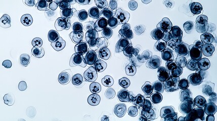   A group of jellyfish float gracefully in blue-and-white waters teeming with more jellyfish