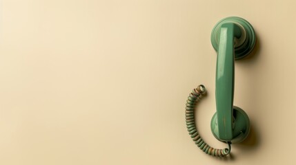 This image displays a vintage green telephone handset mounted on a plain beige wall, evoking a sense of nostalgia and simplicity, amid modern minimalistic design elements.