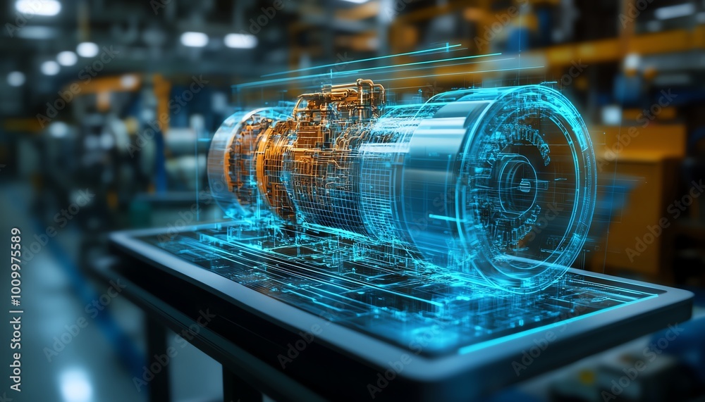 Poster industrial engineers in electronics facility tablet computer visualization of 3d clean green energy 