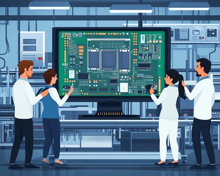 Meeting at Electronics Factory Caucasian Engineering Head Introducing New Motherboard for Microchips on TV, Diverse Managers and Technicians in Production Discussion