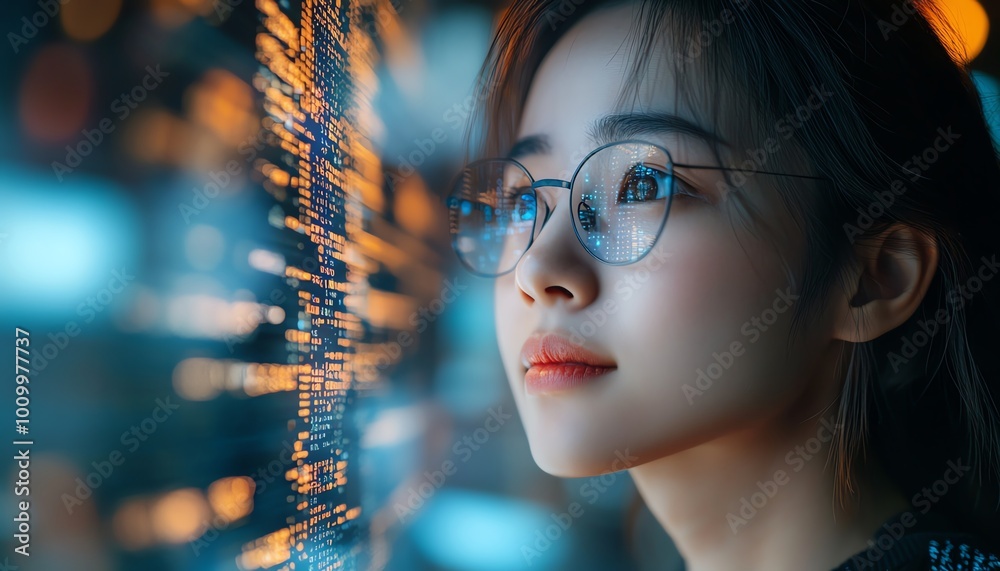 Poster Portrait of Asian Female Software Developer Digital Entrepreneur with Lines of Code Reflected on Face, Innovating AI and Big Data eCommerce App