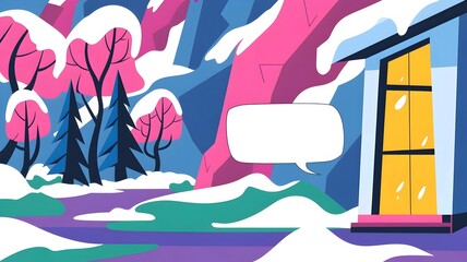 Fototapeta premium Winter landscape with empty speech bubble and colorful snow-covered ground in pastel colors