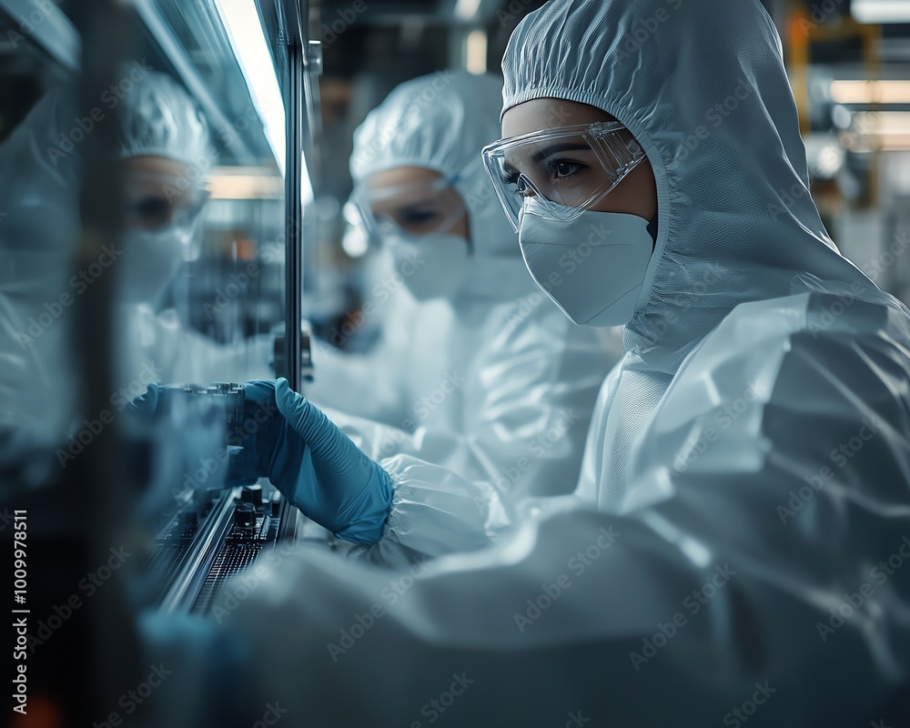 Aufkleber silicon wafer removal at electronics factory two technicians in sterile suits during semiconductor p