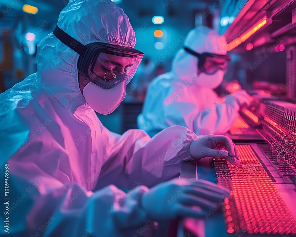 Aufkleber silicon wafer removal at electronics factory two technicians in sterile suits during semiconductor p