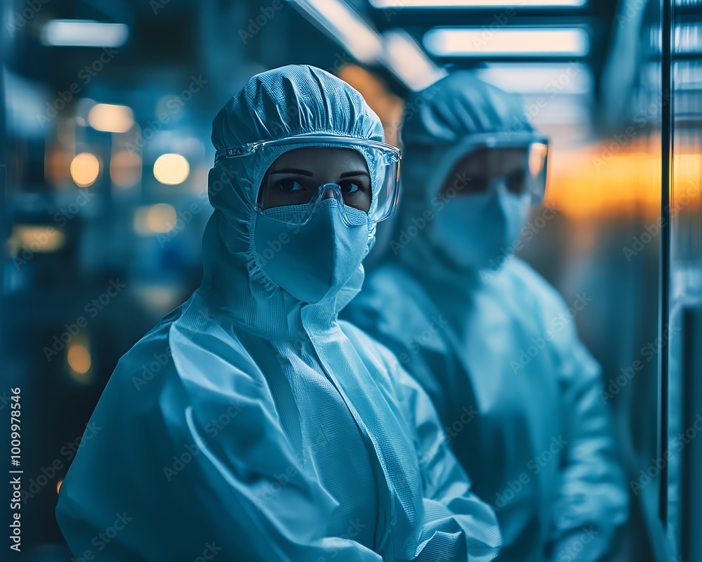 Aufkleber silicon wafer removal at electronics factory two technicians in sterile suits during semiconductor p