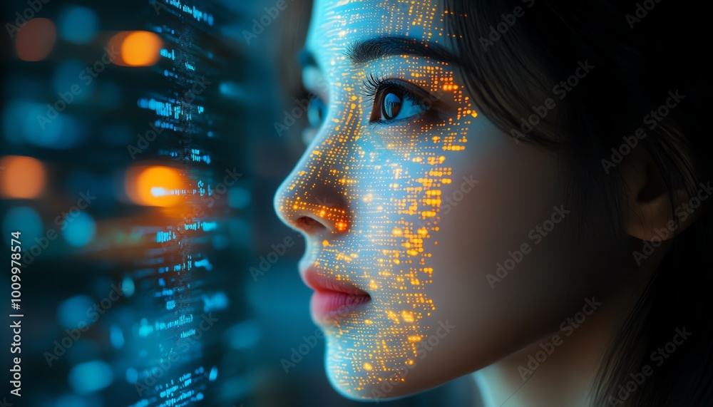 Poster software developer portrait asian female startup entrepreneur with code projected on face, innovatin