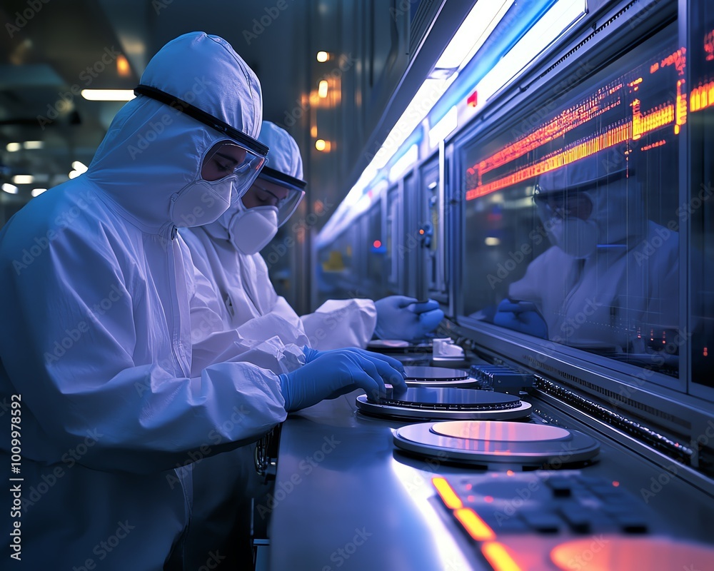 Aufkleber silicon wafer removal at electronics factory two technicians in sterile suits during semiconductor p