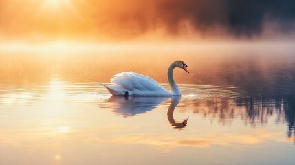 Obraz premium White swan glides atop lake, surrounded by trees on foggy day