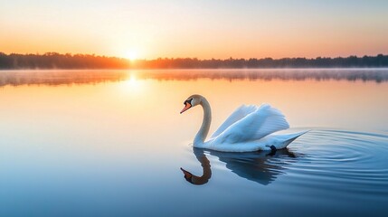 Obraz premium A swan gracefully glides through the lake at sunset or dawn, with the golden rays of sunlight shimmering off the water and casting a warm glow on the surrounding trees