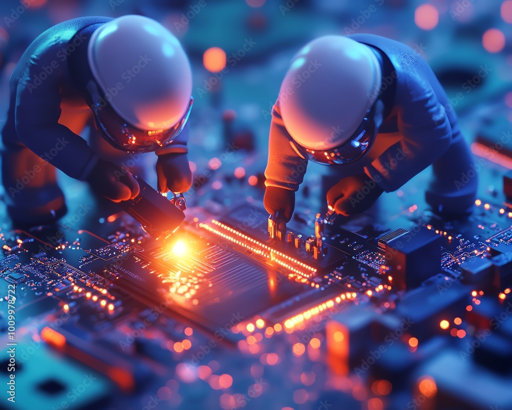 Poster Soldering and Checking Jet Printer Engineers Building Computer Hardware, Precision Technology Environment