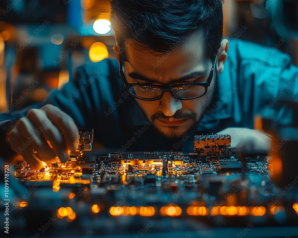 Poster Soldering and Checking Jet Printer Engineers Building Computer Hardware, Precision Technology Environment