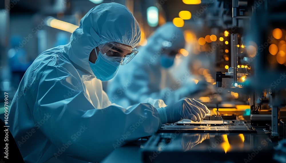 Poster sterilesuited technicians in electronics factory semiconductor production process, handling silicon 