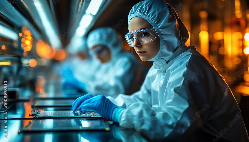 Poster sterilesuited technicians in electronics factory semiconductor production process, handling silicon 