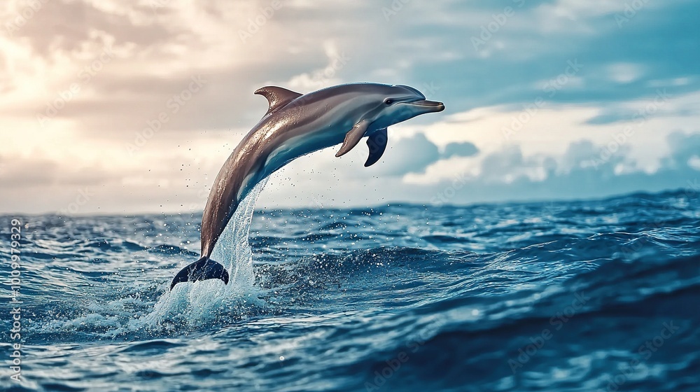 Canvas Prints   A dolphin leaps from the sea against a cloudy sky in the photo