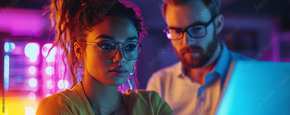 Aufkleber tech facility data center multiethnic female system administrator and caucasian male it engineer col