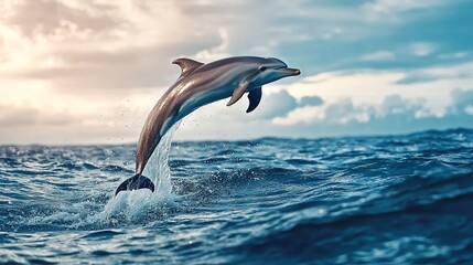 Fototapeta premium A dolphin leaps from the sea against a cloudy sky in the photo