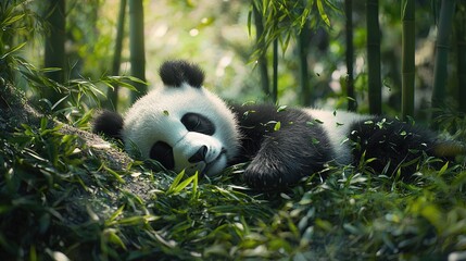 Obraz premium A black-and-white panda lying on its back with its eyes closed in the grass