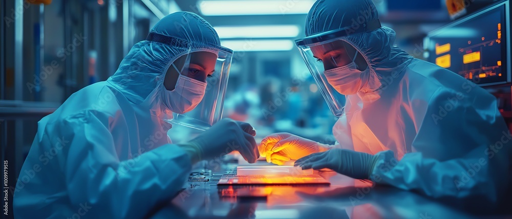 Aufkleber techfocused semiconductor production two sterilesuited technicians extracting silicon wafer, electro