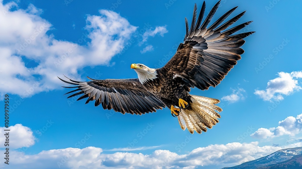 Poster   Bald Eagle flying high with extended wings in clear blue skies with fluffy cloud background