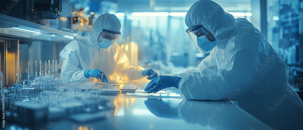 Poster TechFocused Semiconductor Production Two SterileSuited Technicians Extracting Silicon Wafer, Electronics Factory Setting