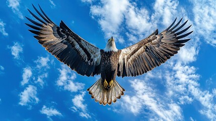 Obraz premium A bird with wide-open wings soars through the blue sky with white clouds in the background