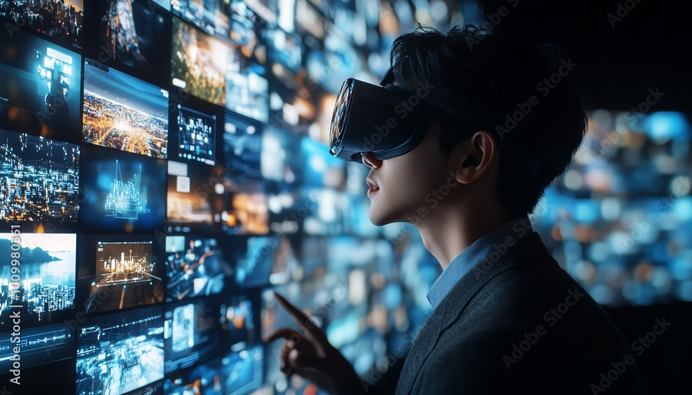 Aufkleber Virtual Reality Interface Concept Businessman in 3D Cyberspace World Browsing Content Websites, Watching Streaming Services, Using Social Media, Engaging in eCommerce eBusiness