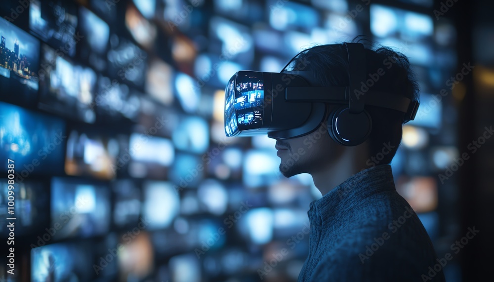 Aufkleber Virtual Reality Interface Concept Businessman in 3D Cyberspace World Browsing Content Websites, Watching Streaming Services, Using Social Media, Engaging in eCommerce eBusiness