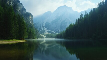 A tranquil mountain lake surrounded by towering pines and mist-covered peaks.